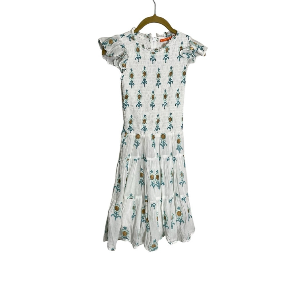 Oliphant NWOT White Floral Smocked Maxi Dress with Teal and Gold Print